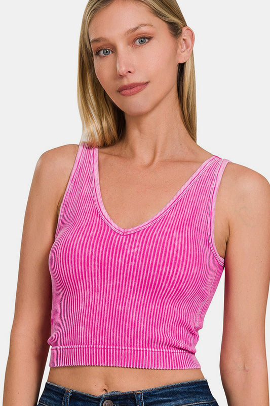 Zenana Washed Ribbed Cropped Bra Padded Tank