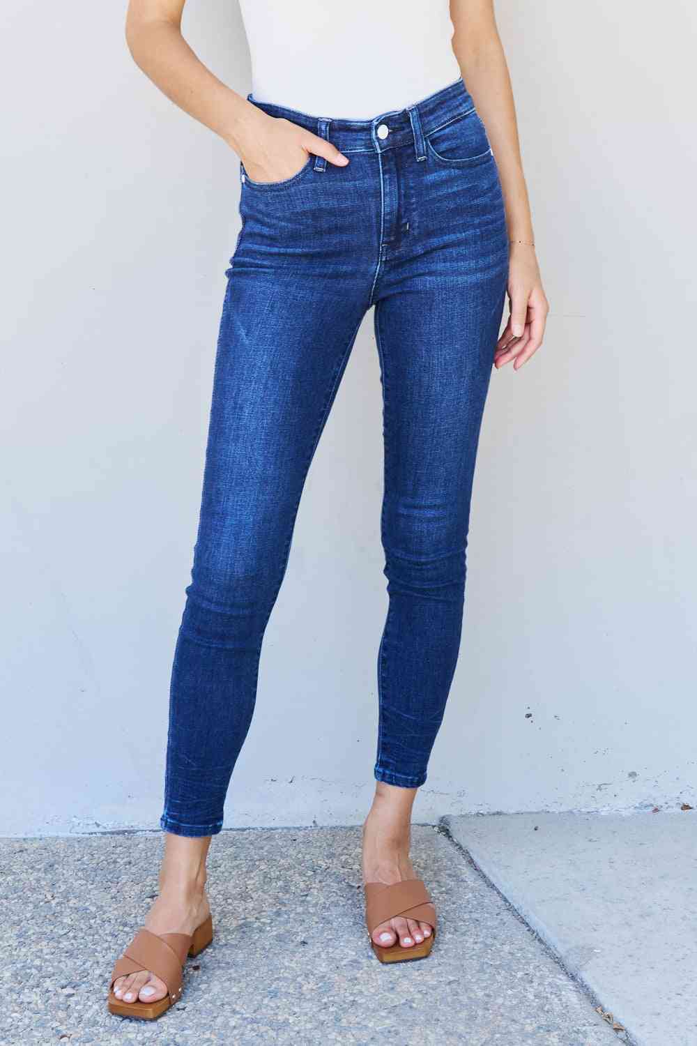 Judy Blue Marie Full Size Mid Rise Crinkle Ankle Detail Skinny Jeans